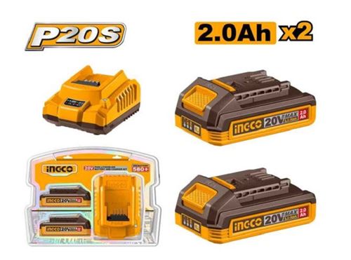 Photo de l'article INGCO Chargeur de batteries + 2 batteries 2.0 Ah 20V