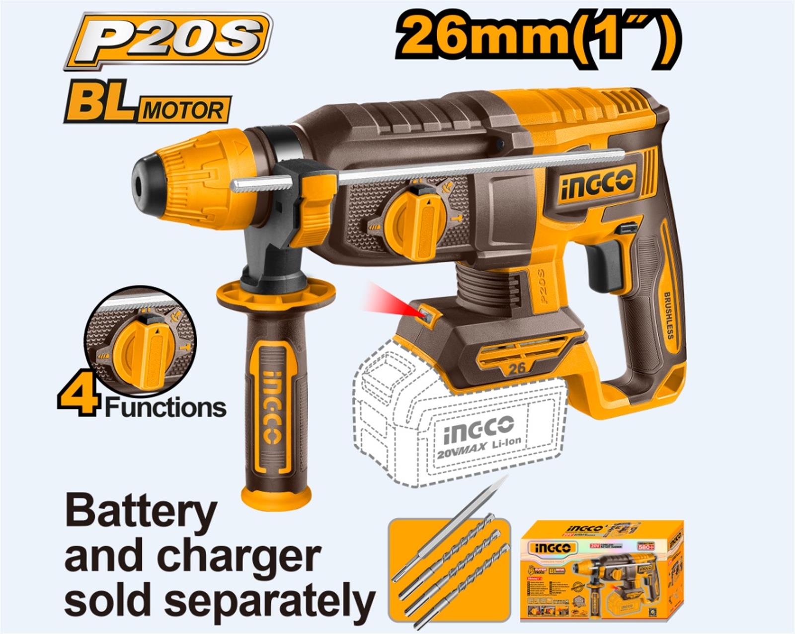 Photo de l'article INGCO Marteau perforateur  sans fil SDS (Plus 26 mm 20V 2.5 J + 3 for�ts + 1 Burin)