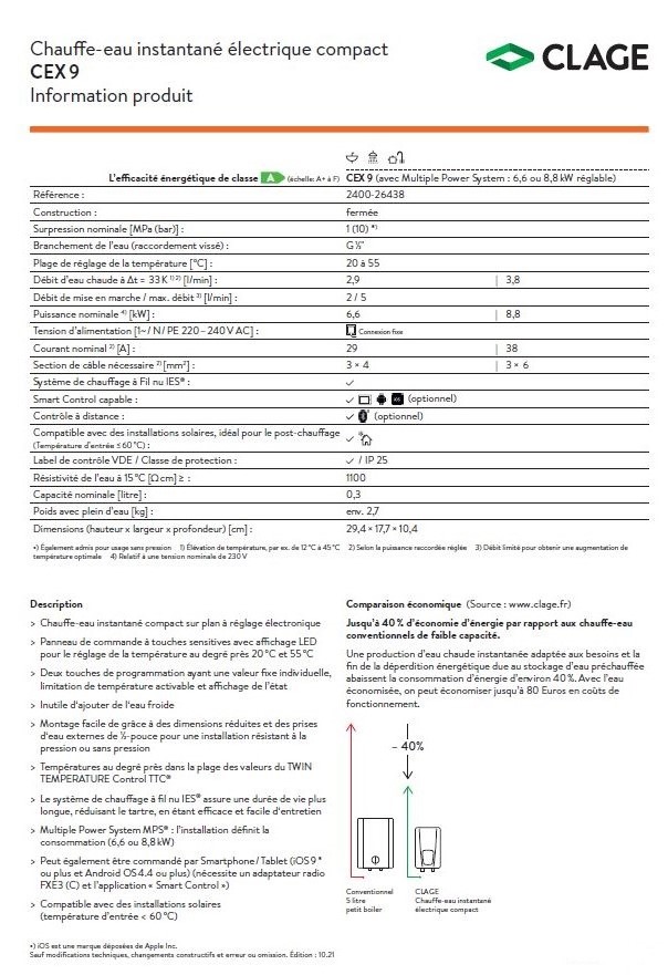 CLAGE - Chauffe-eau instantané CEX9 6,6 ou 8,8 kW 230V